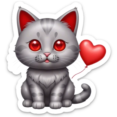 British cat holding a metallic red and heart-shaped balloon sticker
