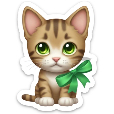 kawaii brown tabby kitten with green eyes and pastel green bow sticker