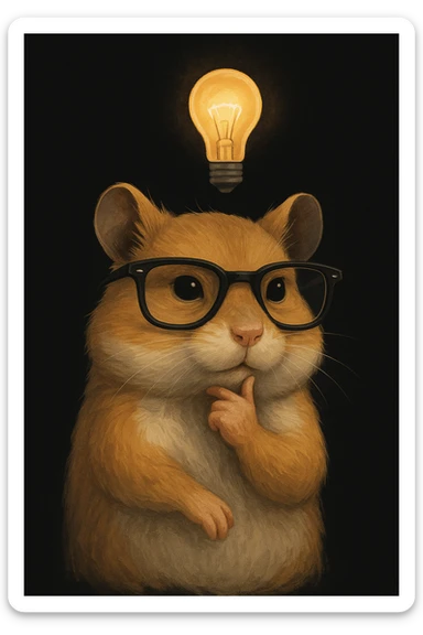 modern, semi-realistic hamster thinking about an idea, wearing cool glasses, with a lightbulb above its head, sophisticated illustration style, mature and contemporary look, solid black background sticker
