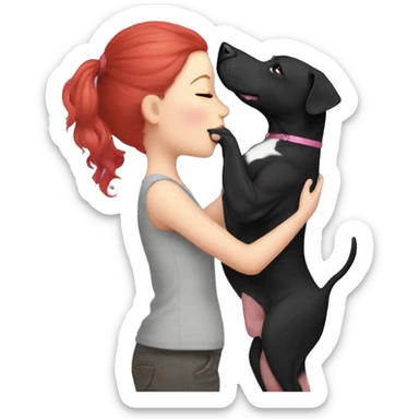 Girl with red hair kissing big black pitbull dog, pink hearts sticker