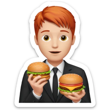 red haired male wearing suit eating hamburger sticker
