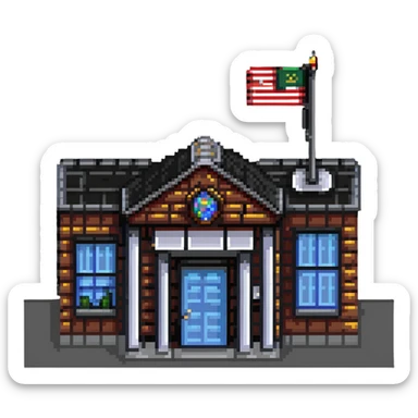 school building with classroom windows, entrance door, and flag pole sticker