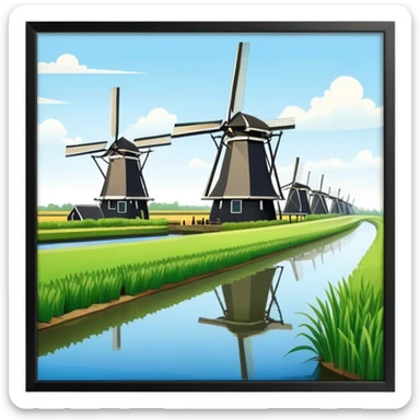 cinematic-realistic-kinderdijk-windmills-landmark-emoji,-showcasing-traditional-dutch-windmills-aligned-along-a-tranquil-canal,-with-lush-green-fields in a picture frame sticker