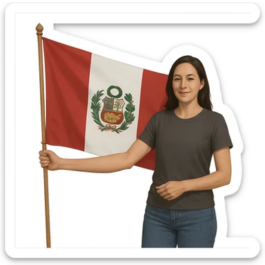 hombre o mujer sujetando la bandera nacional de Perú, estilo realista simplificado sticker