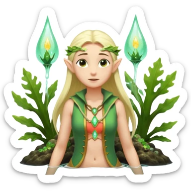 elf female legolas wading in shallow tide pool, palm emitting soft green light to heal glowing coral, practical open vest over bare chest, determined gaze, pointy ears, vibrant underwater plants, centered emoji, nature guardian summer sticker