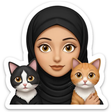 A Arabic woman human with brown eyes and black hijab. , the human is a human no cat ears, two cats, the both cats have the colour black and white in the same colour,  NO CAT EARS ON THE HUMAN  sticker