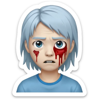 emoji-style avatar with very pale blue-grey zombie skin like , a young Asian face, and large eyes with blood tears. Give it white mullet-style hair, silver hoop earrings, and a simple black T-shirt. The expression should be neutral or slightly angry sticker