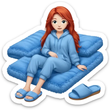 young woman with long red hear wearing comfy lounging outfit, wearing blue fuzzy slippers sticker