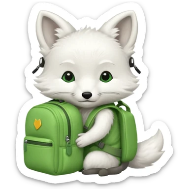 baby white fox wear green backpack sticker