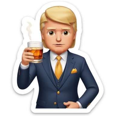 Donald Trump drinking whiskey, wearing a suit, with a confident smirk, holding a glass of amber whiskey, detailed facial expression, elegant background, stylish lighting, cartoonish emoji style. sticker