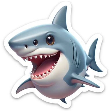 Cinematic Comical Shark Portrait Emoji, Head tilted dramatically with an exaggeratedly amused expression, featuring a striking, glossy streamlined body with bold accents and wide, expressive eyes filled with playful disbelief, Simplified yet hilariously expressive features, highly detailed, glowing with a slightly sassy glow, high shine, dramatic yet playful, stylized with an air of cheeky marine mischief, bright and endearing, soft glowing outline, capturing the essence of a spirited and over‐the‐top shark, so meme‐worthy it feels like it could snap its jaws into internet fame instantly! sticker