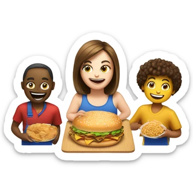An emoji representing a food competition with three participants: a large person, a medium-sized person, and a small person, all competing in a fun and lively eating contest sticker