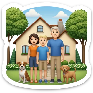 1 Father 1 Mother and 1 young BOY who is half as tall as the parents, standing in front of their house with a dog next to them. Everyone should look VERY happy. There MUST be a house behind them with trees and plants sticker