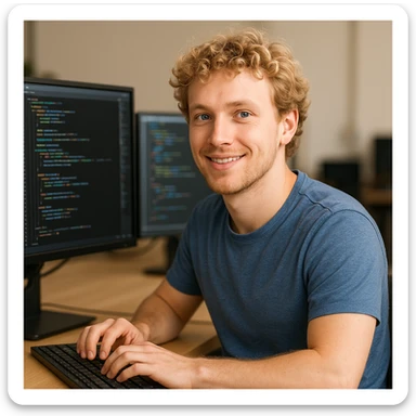 male software developer with blonde curly hair and blue eyes, working at a computer, casual attire, friendly expression sticker