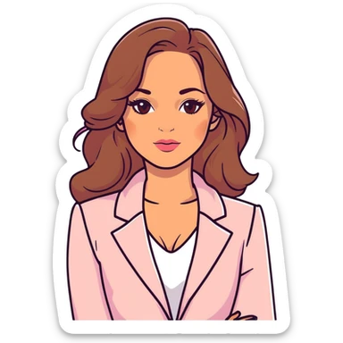 A 30-year-old woman with tanned skin, light brown long wavy hair, delicate face, almond-shaped eyes with smoky foxy eye makeup, brown eyes, wearing a light pink blazer and white satin cowl neck blouse with thin straps sticker