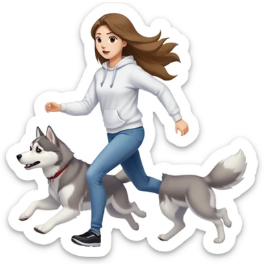 The husky is running in front, and a beautiful girl with long hair wearing a white sweatshirt and jeans is chasing behind. sticker