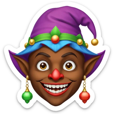 Dark brown skin medieval jester with white pupils and fangs sticker