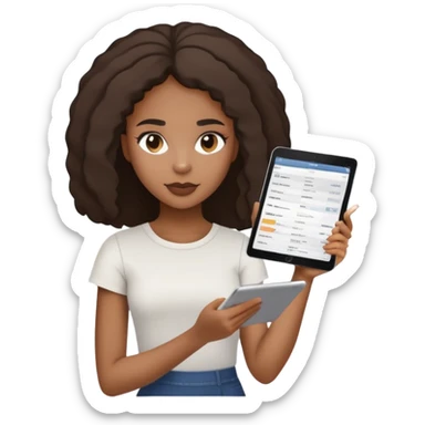 Black girl holding receipts on a iPad with a eyebrow lifted sticker
