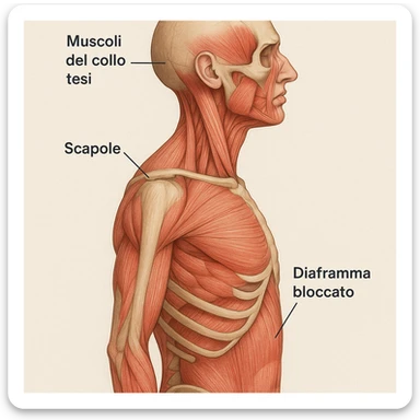 vista laterale con diaframma bloccato e muscoli del collo tesi, scapole in evidenza, etichette in italiano sticker