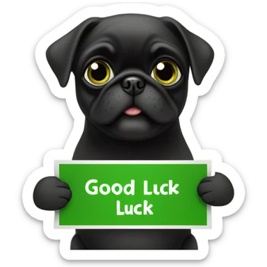 Black pug holding a green sign that says good luck  sticker