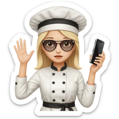 [b"A sad wooman with loight skin,k straight  hair, weawring a chehf hat andi sunglassels, dressee in K-pop  fashion, his dancino while hollding a phdone."] sticker