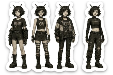 outfit designs for a VTUBER OC. The style is mixed 90's grunge, punk, lots of black and white in the color scheme, futuristic aesthetic. Clothing has small rips and tears from wear, logos and designs are faded. Garage, Shoegaze, postmodern style. character design concept art outfits for a female sticker
