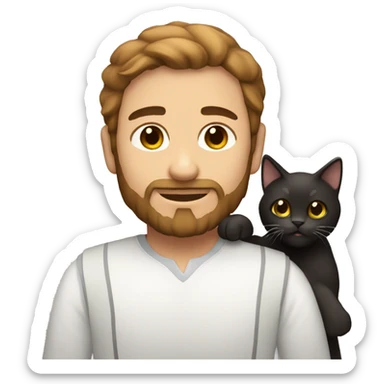 A white man with dark brown hair and beard holding calico cat sticker