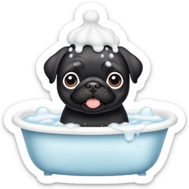 Happy adorable big eyes Black pug puppy with bath foam on top of his head sticker
