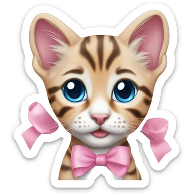 Cute little Bengal kitten with a pink bow on her head, blue eyes and light fur  sticker