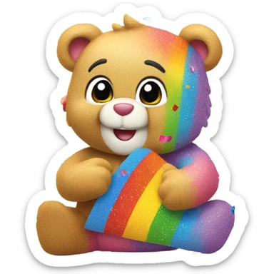 Carebear holding rainbow stuffed animal with confetti and sprinkles all over him sticker