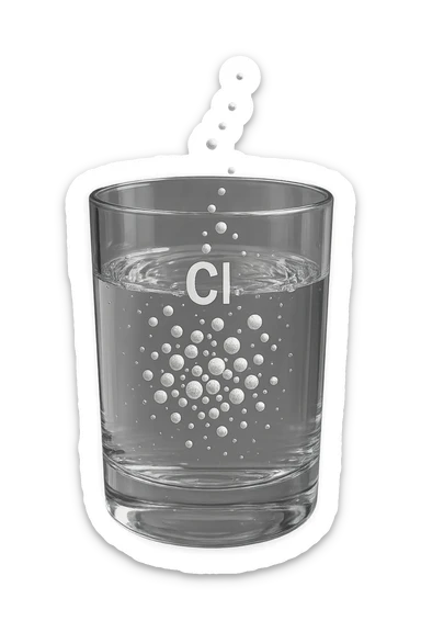 un bicchiere di acqua fluttua in aria realistico e dettagliato, dentro l'acqua del bicchiere ci sono particelle di cloro ben visibili con la scritta "Cl" sopra, ci sono particelle anche che escono dal bicchiere e fluttuano in aria verticalmente, mentre alcune sono all'interno dell'acqua nel bicchiere, iperrealistico 4k sticker