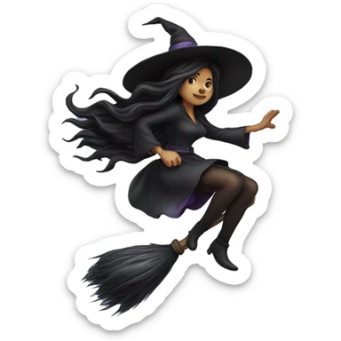 dark long hair witch flying on a broom white skin sticker