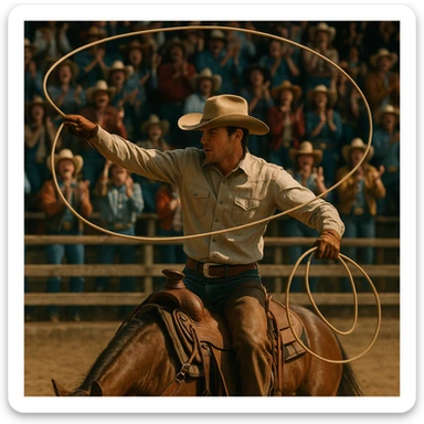 lasso competition at a rodeo, cowboy swinging lasso, cheering crowd, western style sticker