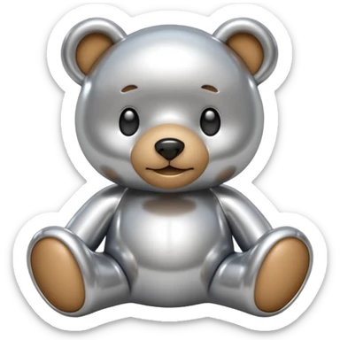 A cute teddy bear emoji made of liquid silver chrome, smooth rounded body, glossy metallic surface, soft reflections, friendly proportions, iOS emoji style, centered, clean white background sticker