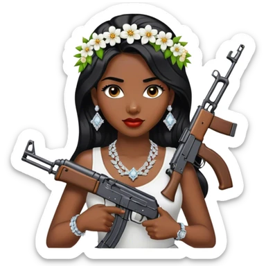 A beautiful woman with flowers in her hair, holding an AK-47 and has diamond grills in her teeth and big diamond chain on her neck that says icy and big diamond earrings and black hair sticker