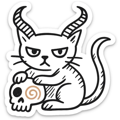 Remove the lollipop from the cat's horn, hand drawn style with dynamic outlines, no fill, preserve the red spiral on the skull, transparent background. sticker