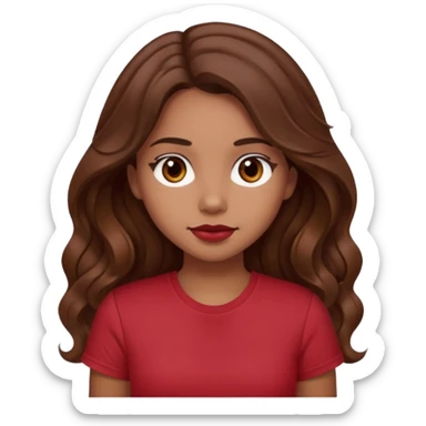 Very light brown girl with long wavy brunette hair and blush, wearing dark red tshirt sticker