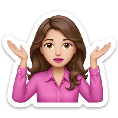 girl with long wavy brown hair, brown eyes, light to medium complexion, in a pink shirt, pink lips, long lashes, puckered lips, both hands all the way up with hands up to the sky sticker