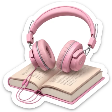  pink pair of modern headphones resting on top of a closed book, soft shadows, realistic style, calm and cozy mood, isolated on transparent background sticker