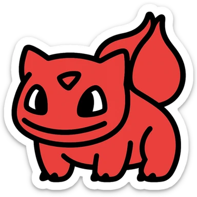 Bulbasaur inspired Rednote app emoji, flat design, bold red, Bulbasaur with ears and bulb, minimal app icon, no music note sticker