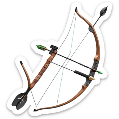 A professional recurve bow with an arrow nocked, ready to be released. The target features concentric rings, placed at a distance. The emphasis is on the bow, arrow, and target, highlighting the precision, focus, and skill involved in competitive archery. sticker