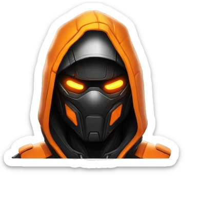  developer behind his laptop with this style : crysis Cyberpunk Valorant orange glowing bright orange character orange black hooded assassin themed character sticker