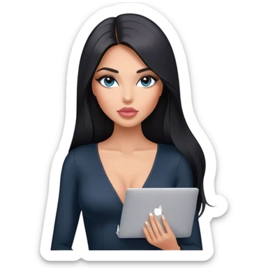 Glamours, tanned, very beautiful girl, with big pump peach-beige-rose lips, long lashes, black straight smooth silky long hair, straight parting hair, blue-grey eyes, in black v-neck bodysuit holding MacBook sticker