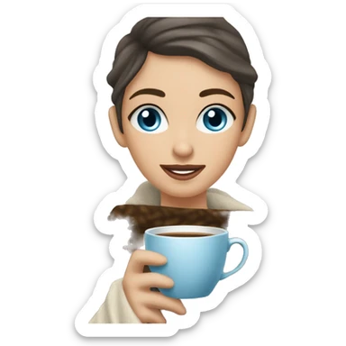 girl with blue eyes and short bown hair i lasses holding a cup of coffee wrapped in awarm blanket sticker