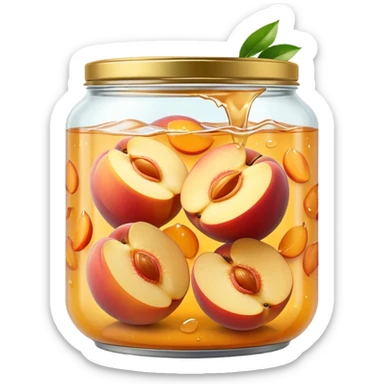 open metal can filled with golden peach halves submerged in glossy light syrup, smooth plump slightly translucent fruit pieces nestled in clear liquid, simple can no label or branding, apple emoji style, soft lighting, subtle shadows, transparent background, emoji scale sticker