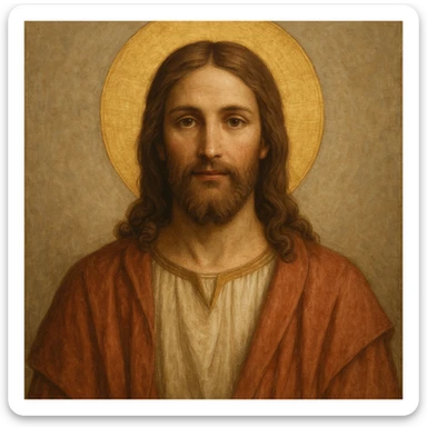 Jesus Christ in classic religious style, with halo, kind expression, long hair and beard, traditional clothing, neutral background sticker