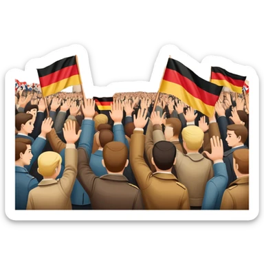 group of protesters, some waving East and West German flags, Berlin Wall behind, 1950s and 60s sticker