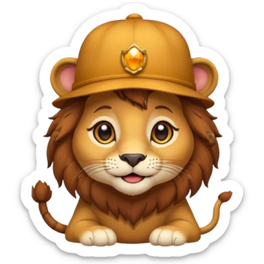 cute lion with a chestnut as a hat, cartoon style, big sparkling eyes, warm and friendly expression, autumn colors, simple and emoji-style design sticker