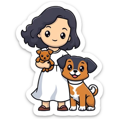A beautiful girl with long black hair in a white dress holds a small brown curly-haired dog sticker