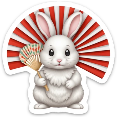 A rabbit hiding playfully behind a small patterned fan. sticker